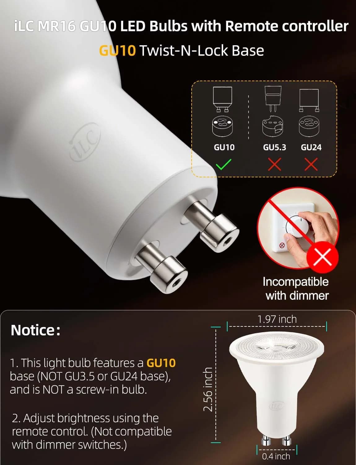 ILC GU10 LED Light Bulb, 5W Color Changing RGB + 5000K Daylight White, 450 Lumens, 45° Beam Angle, Pack of 4 | Dimmable Smart Lighting - view 2