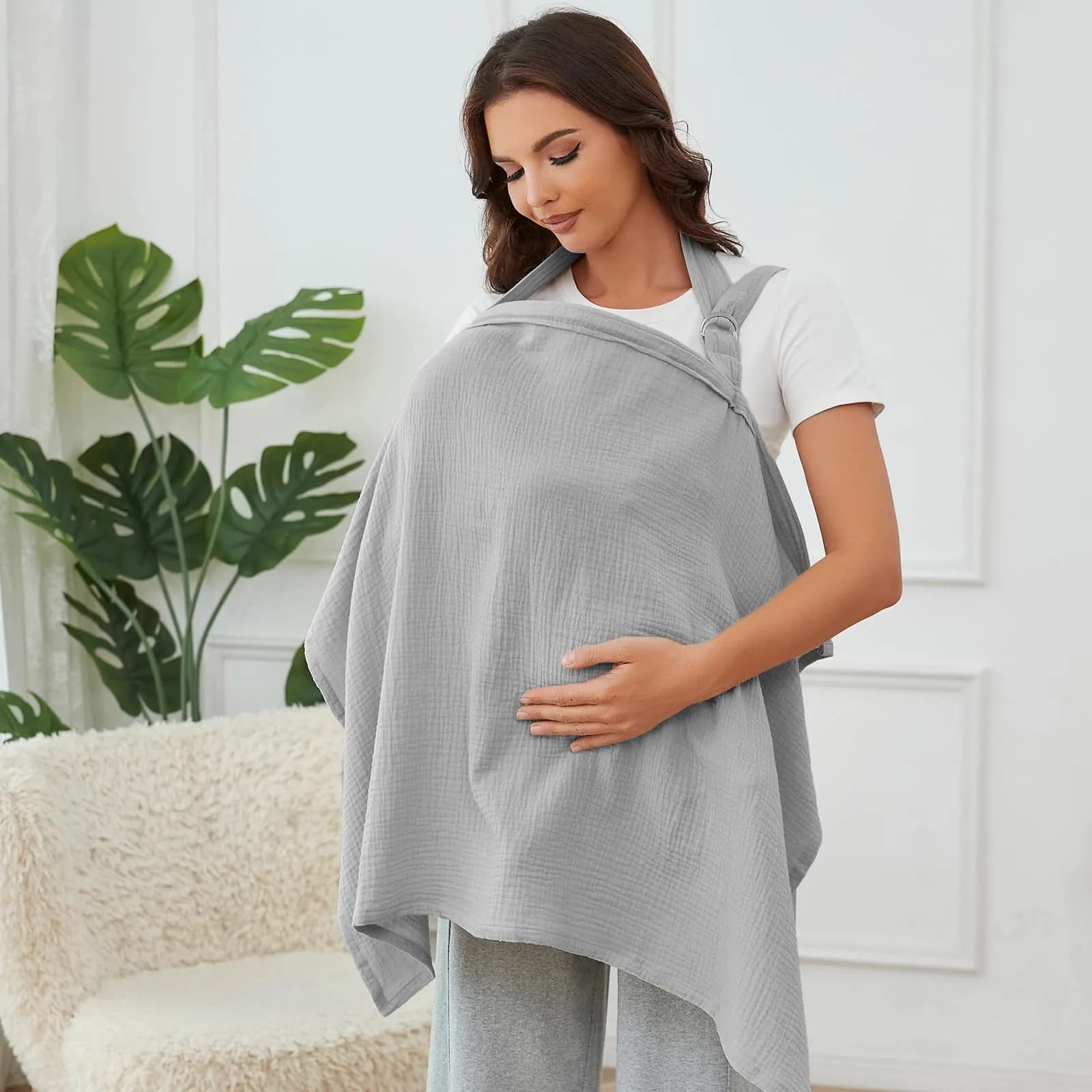 Zdolmy Muslin Nursing Cover Grey 100cm (39.4in) x 70cm (27.4in) | Breathable 100% Cotton with Rigid Hoop