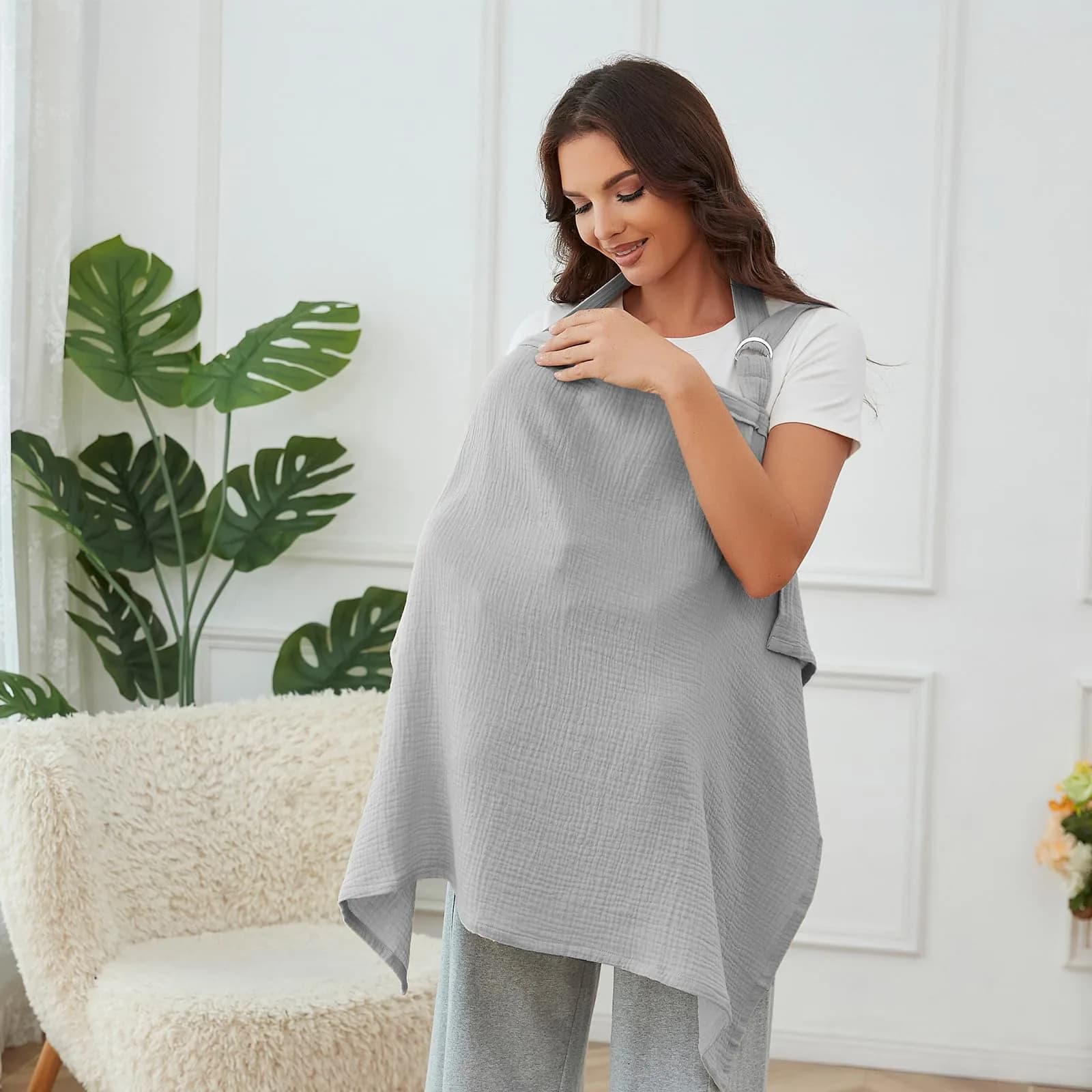 Zdolmy Muslin Nursing Cover Grey 100cm (39.4in) x 70cm (27.4in) | Breathable 100% Cotton with Rigid Hoop - view 3