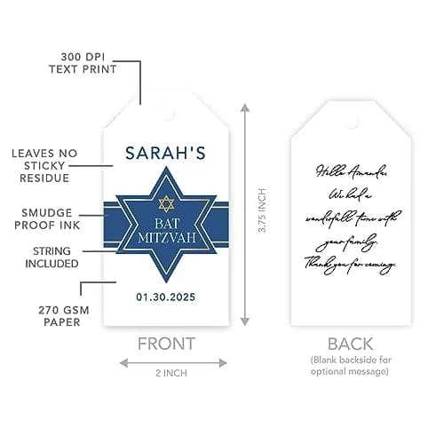 Andaz Press 60-Pack Personalized Bar/Bat Mitzvah Favor Tags with String | Custom Name & Star of David, 2x3.75" thumbnail 5