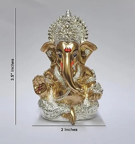 Gold Art India Ganesha Idol 8.89 cm (3.5 Inches) | Antique Silver Plated Lord Ganesha Statue for Car Dashboard, Home Decor, Luck & Success thumbnail 5