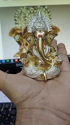 Gold Art India Ganesha Idol 8.89 cm (3.5 Inches) | Antique Silver Plated Lord Ganesha Statue for Car Dashboard, Home Decor, Luck & Success thumbnail 6