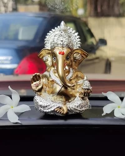 Gold Art India Ganesha Idol 8.89 cm (3.5 Inches) | Antique Silver Plated Lord Ganesha Statue for Car Dashboard, Home Decor, Luck & Success thumbnail 7