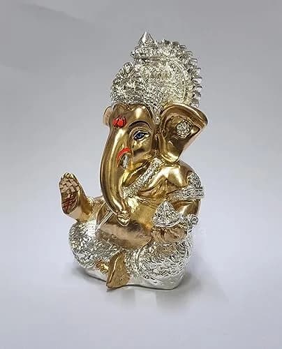 Gold Art India Ganesha Idol 8.89 cm (3.5 Inches) | Antique Silver Plated Lord Ganesha Statue for Car Dashboard, Home Decor, Luck & Success thumbnail 2