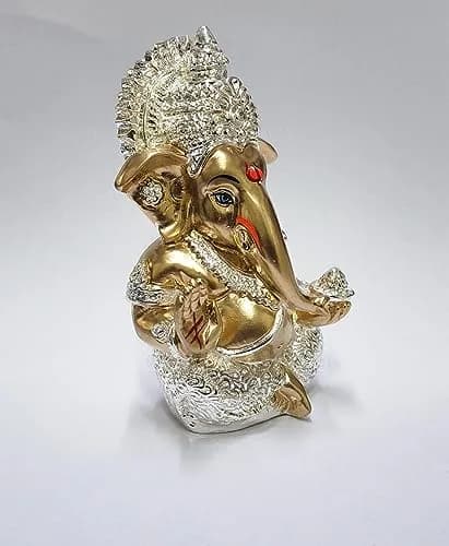 Gold Art India Ganesha Idol 8.89 cm (3.5 Inches) | Antique Silver Plated Lord Ganesha Statue for Car Dashboard, Home Decor, Luck & Success thumbnail 3