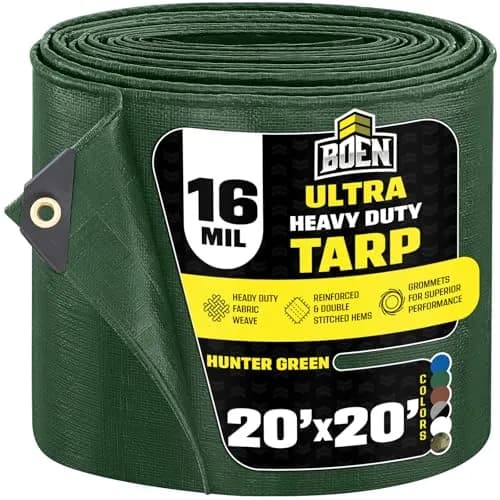 Boen Heavy Duty Tarp Waterproof 20x20 | 16 Mil Rip Proof Cover UV thumbnail 1