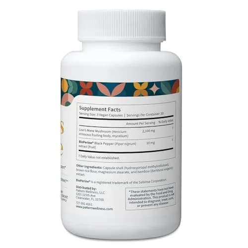 Pattern Wellness Lion’s Mane Mushroom Supplement – 90 Vegan Capsules | Brain & Immune Support thumbnail 3
