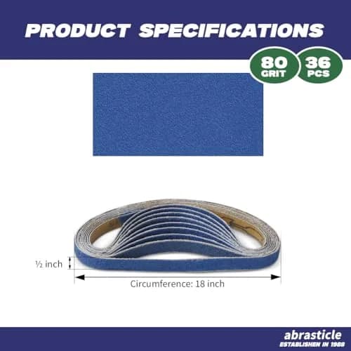 abrasticle Zirconia Sanding Belts for Metal 1/2" x 18" | 36 PCS, 80 Grit, Durable & Precise (70-120 chars) thumbnail 2