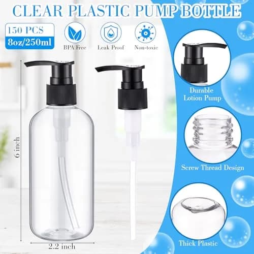 Hushee 150 Pcs 8 oz Plastic Pump Bottles | Leakproof Refillable Dispensers for Liquids thumbnail 2