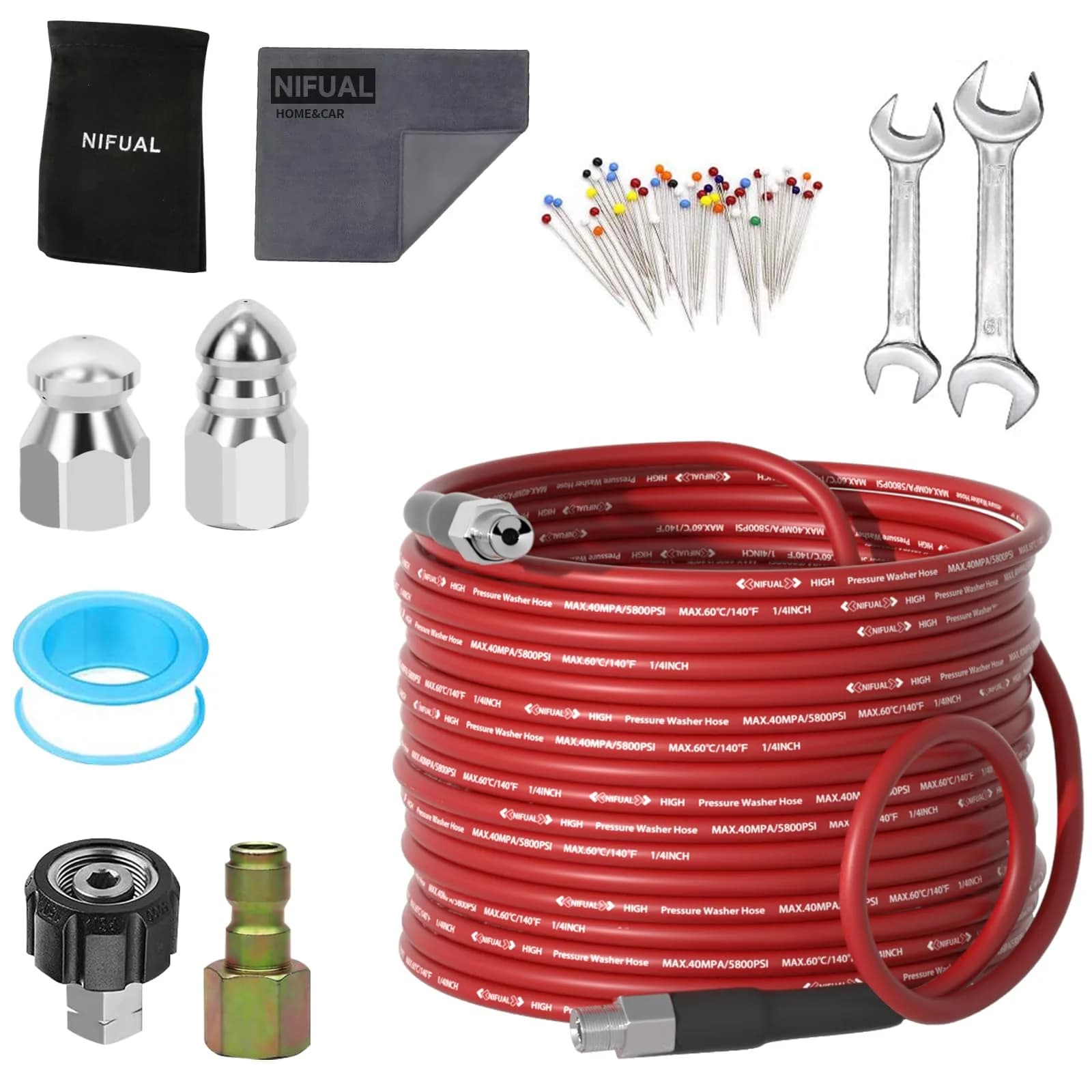 YETIANICAL Sewer Jetter Kit for Pressure Washer, 150ft (45.7m) 5800 PSI Drain Cleaner | Rotating & Button Hose Sewer Jetting Nozzle — 25FT