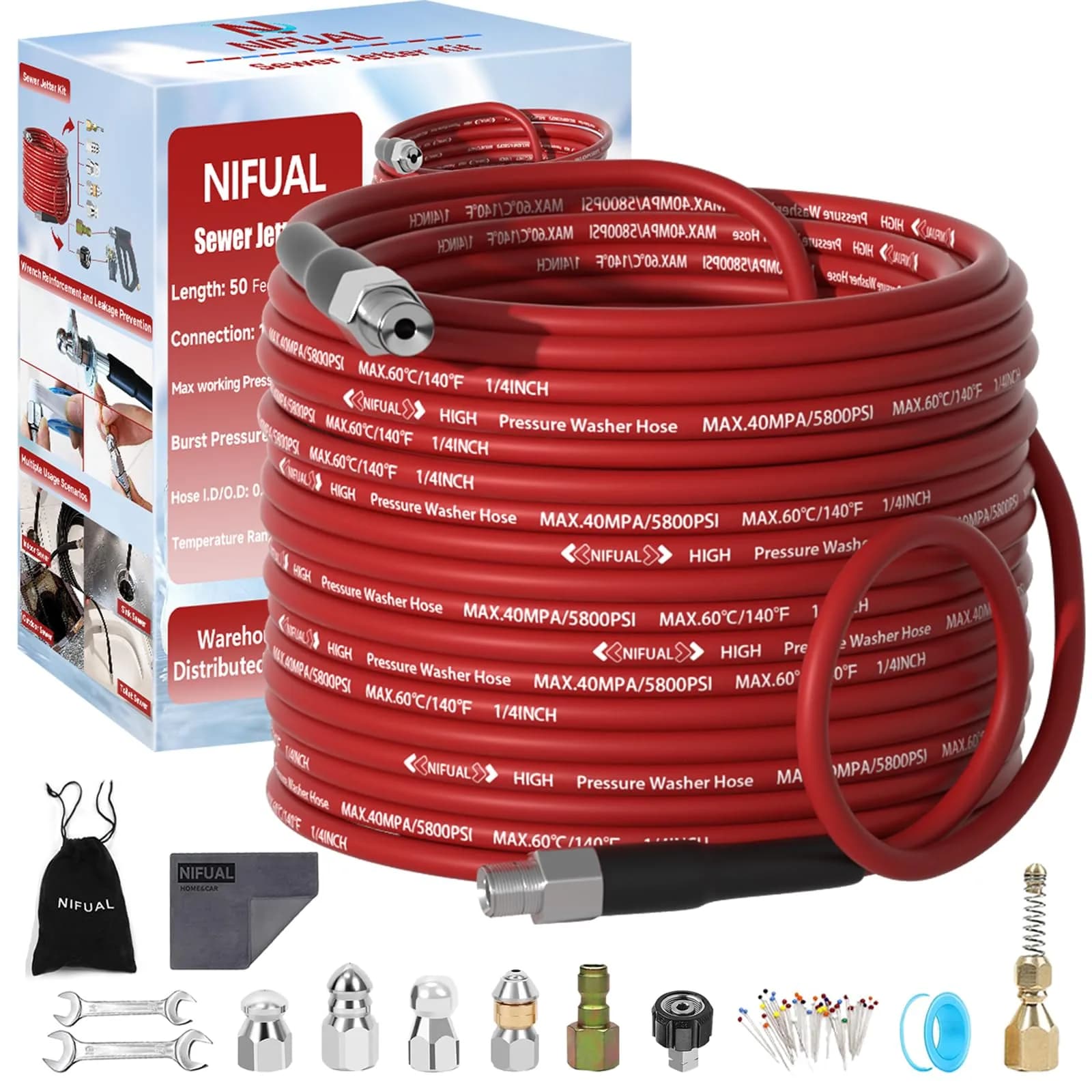 YETIANICAL Sewer Jetter Kit for Pressure Washer, 5800 PSI 50ft Drain Cleaner Hose with 1/4 Inch Quick-Connect Nozzles | Unclogs Drains and Gutters - main product image