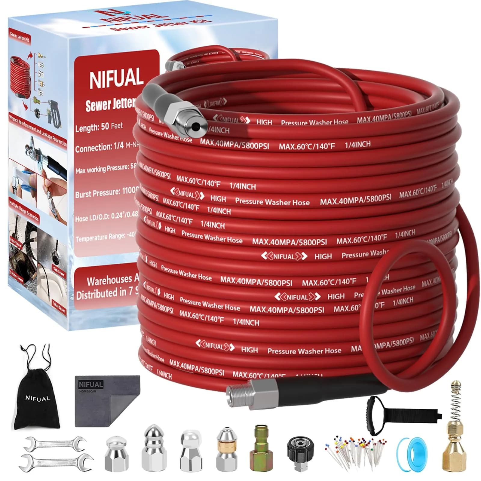 YETIANICAL Sewer Jetter Kit for Pressure Washer, 150ft (45.7m) 5800 PSI Drain Cleaner | Rotating & Button Hose Sewer Jetting Nozzle — 100FT