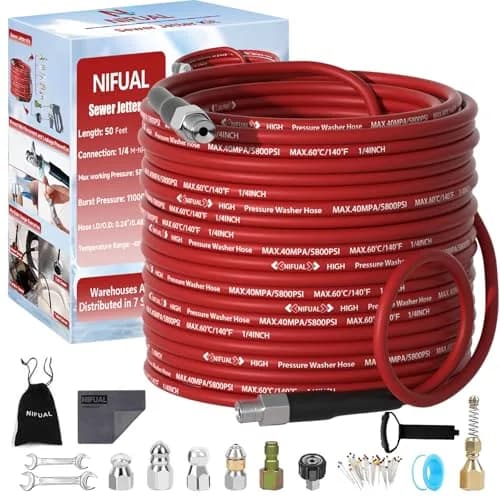 YETIANICAL Sewer Jetter Kit for Pressure Washer, 100ft (30.48m) Hose, 5800 PSI, Rotating & Button Nozzles | Unclogs Drains & Gutters thumbnail 1