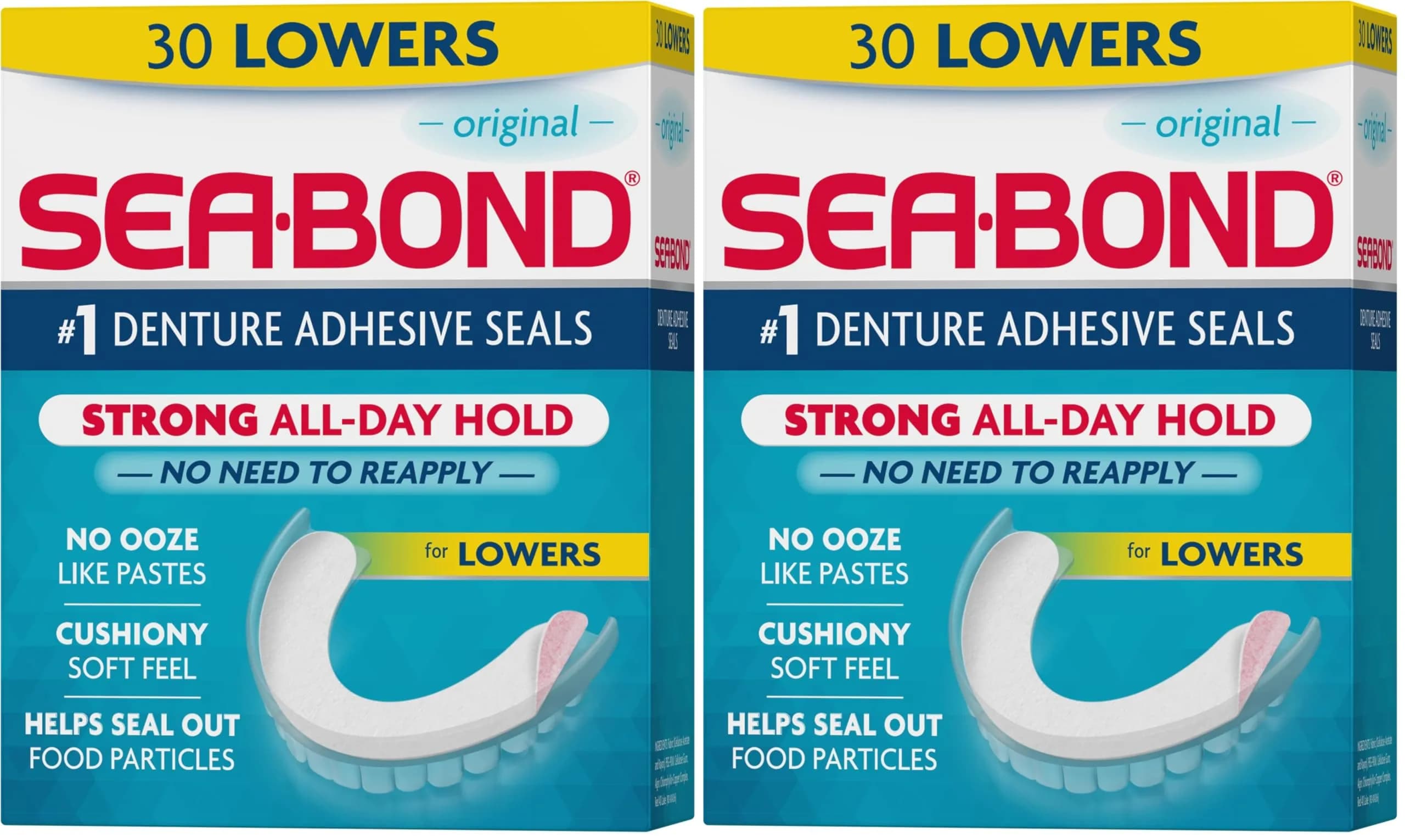 Sea-Bond Secure Denture Adhesive Seals for Lowers, Original Flavor, Zinc-Free, 60 Count (2 Packs) - main product image