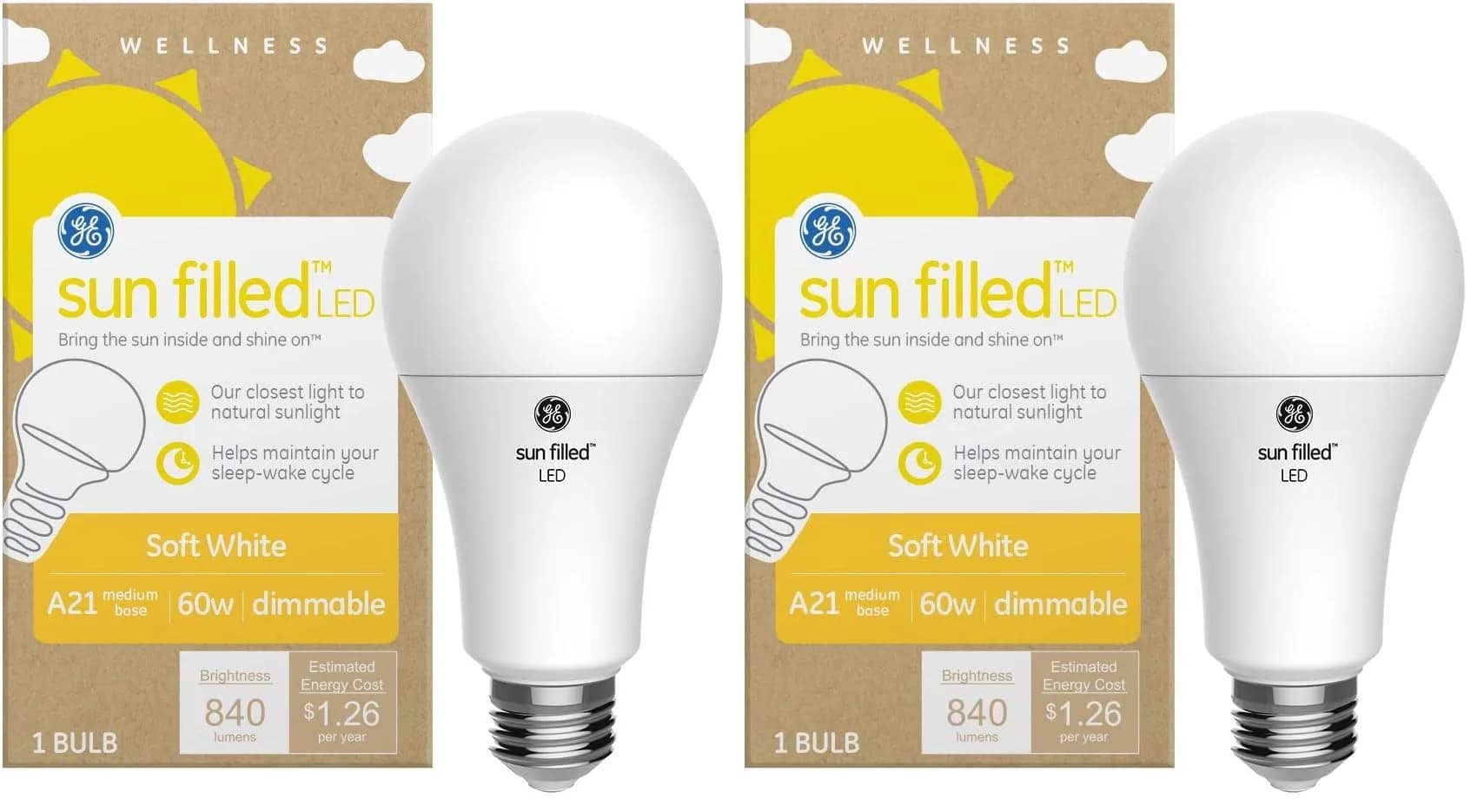 GE Sun Filled LED Light Bulb A21 Soft White 2700K 10.5W (60W Eqv) Pack of 2 | Mimics Natural Sunlight for Better Sleep