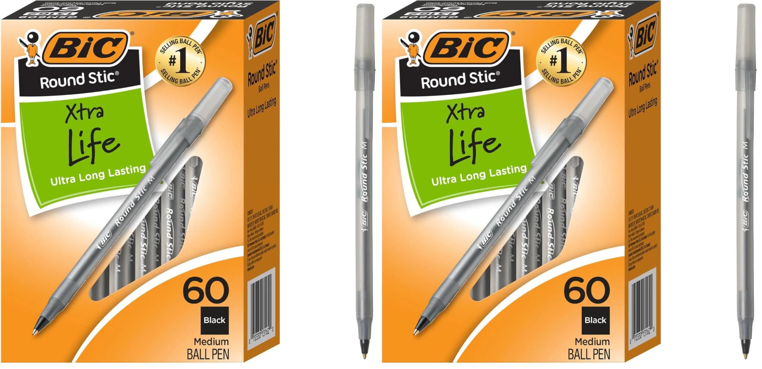 BIC Round Stic Xtra Life Ballpoint Pens, Medium Point (1.0mm), Black Ink, Pack of 60 - main product image