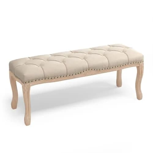 Cozyman Bedroom Bench, French Vintage Tufted Entryway Bench, 45.2" Linen Ottoman with Carved Wooden Legs thumbnail 1