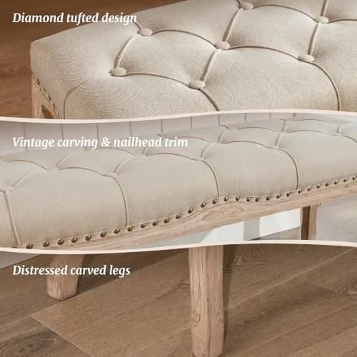 Cozyman Bedroom Bench, French Vintage Tufted Entryway Bench, 45.2" Linen Ottoman with Carved Wooden Legs thumbnail 4
