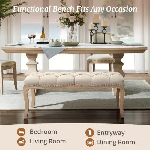 Cozyman Bedroom Bench, French Vintage Tufted Entryway Bench, 45.2" Linen Ottoman with Carved Wooden Legs thumbnail 5