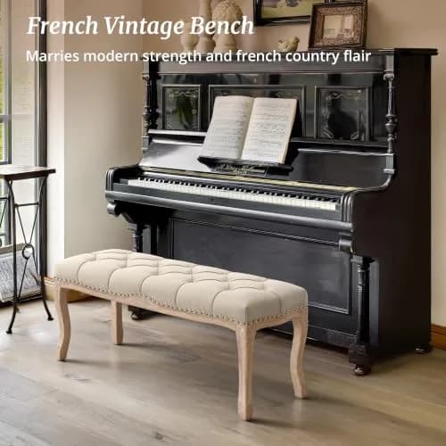 Cozyman Bedroom Bench, French Vintage Tufted Entryway Bench, 45.2" Linen Ottoman with Carved Wooden Legs thumbnail 6