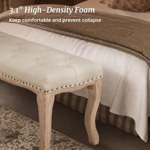 Cozyman Bedroom Bench, French Vintage Tufted Entryway Bench, 45.2" Linen Ottoman with Carved Wooden Legs thumbnail 7