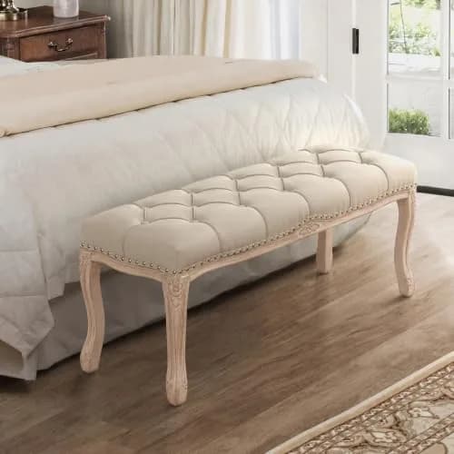 Cozyman Bedroom Bench, French Vintage Tufted Entryway Bench, 45.2" Linen Ottoman with Carved Wooden Legs thumbnail 2