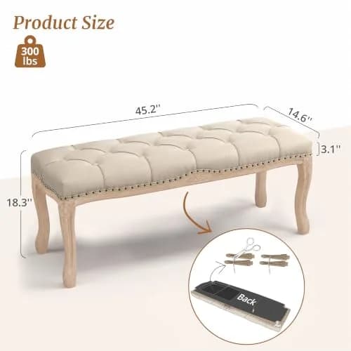 Cozyman Bedroom Bench, French Vintage Tufted Entryway Bench, 45.2" Linen Ottoman with Carved Wooden Legs thumbnail 3