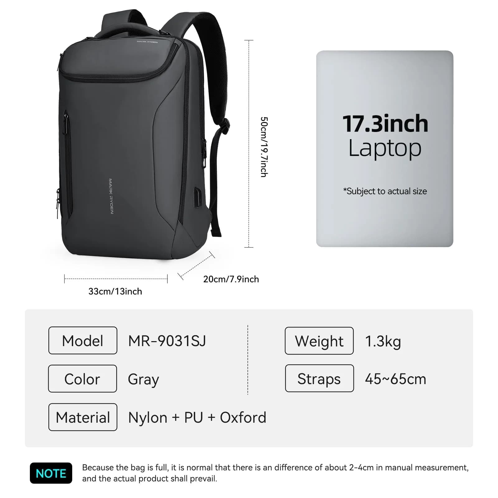 MARK RYDEN Business Backpack for Men, Waterproof 17.3 Inch Laptop Backpack with USB Charging Port & Sport Car Shape Design | 32L (1.2kg) - view 6