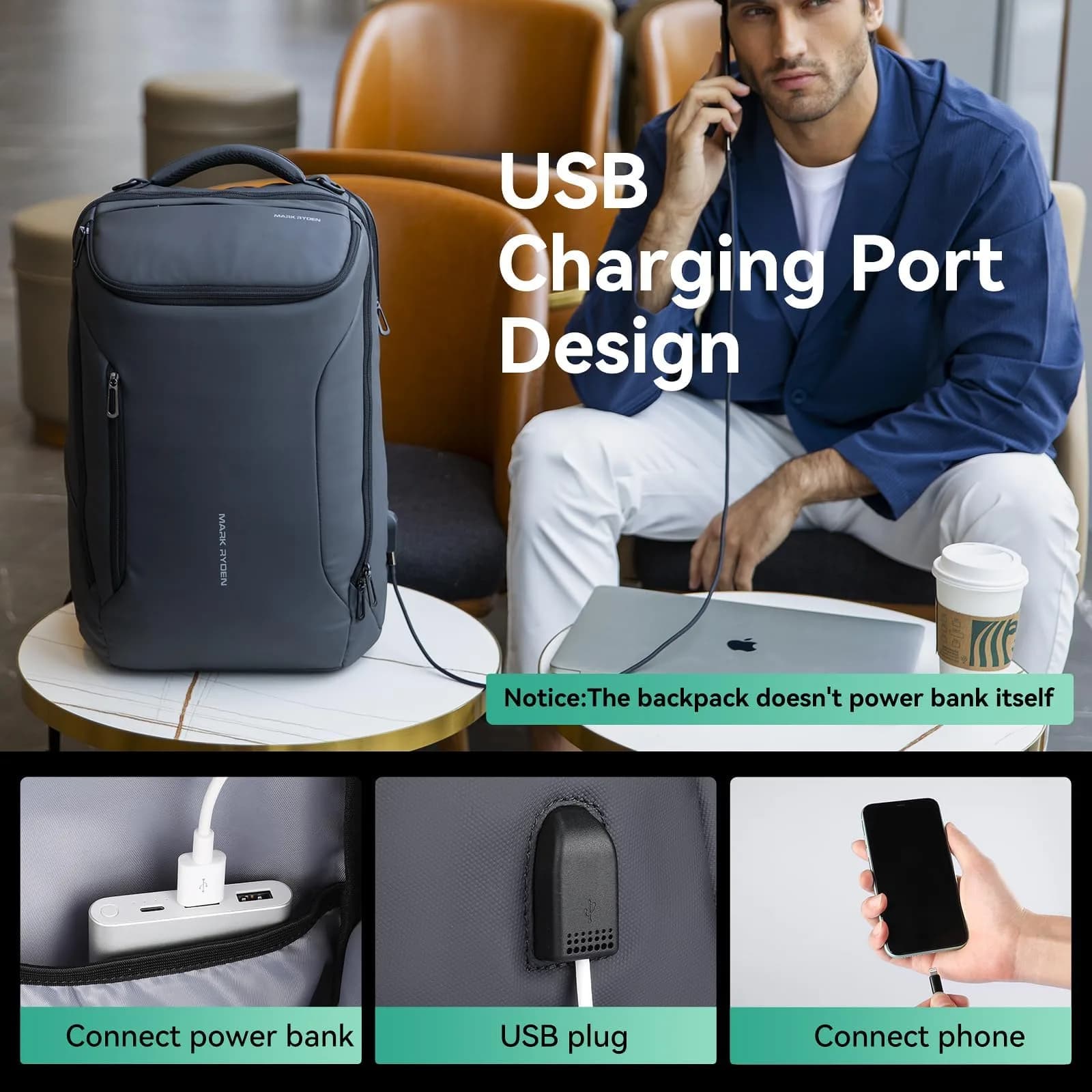 MARK RYDEN Business Backpack for Men, Waterproof 17.3 Inch Laptop Backpack with USB Charging Port & Sport Car Shape Design | 32L (1.2kg) - view 3