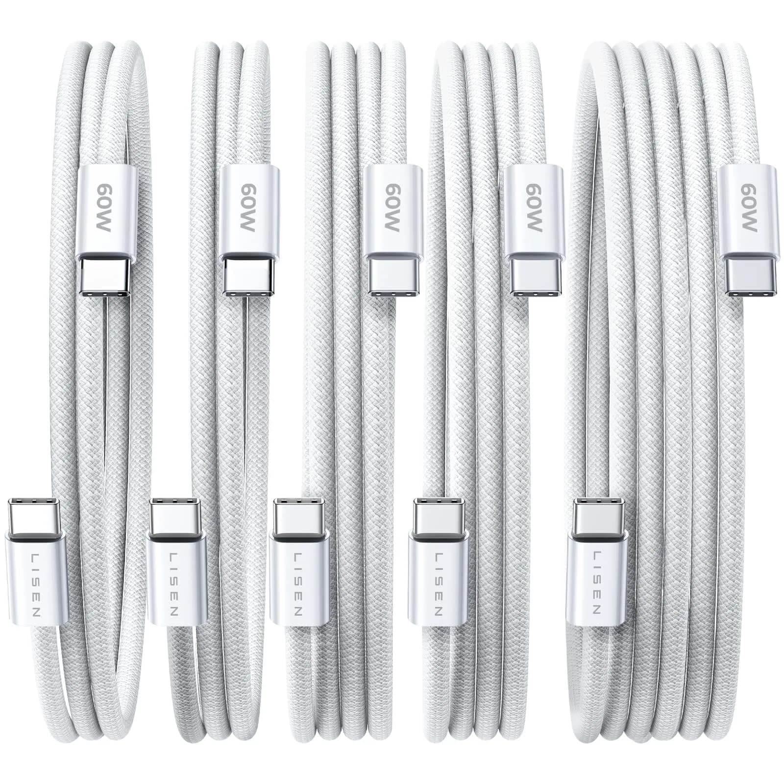 LISEN USB C Cable 5-Pack 3.3/6.6/10FT | Fast 60W Charging & Recyclable Cotton Braiding