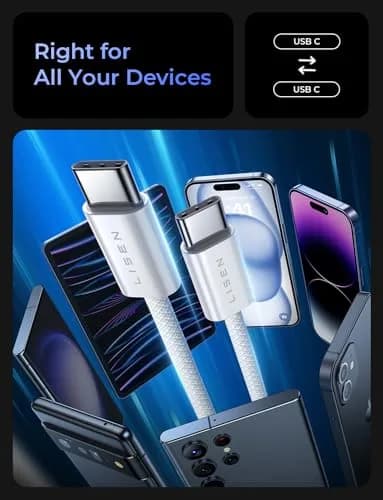 LISEN USB C Cable 5-Pack 3.3/6.6/10FT | Fast 60W Charging & Recyclable Cotton Braiding thumbnail 7