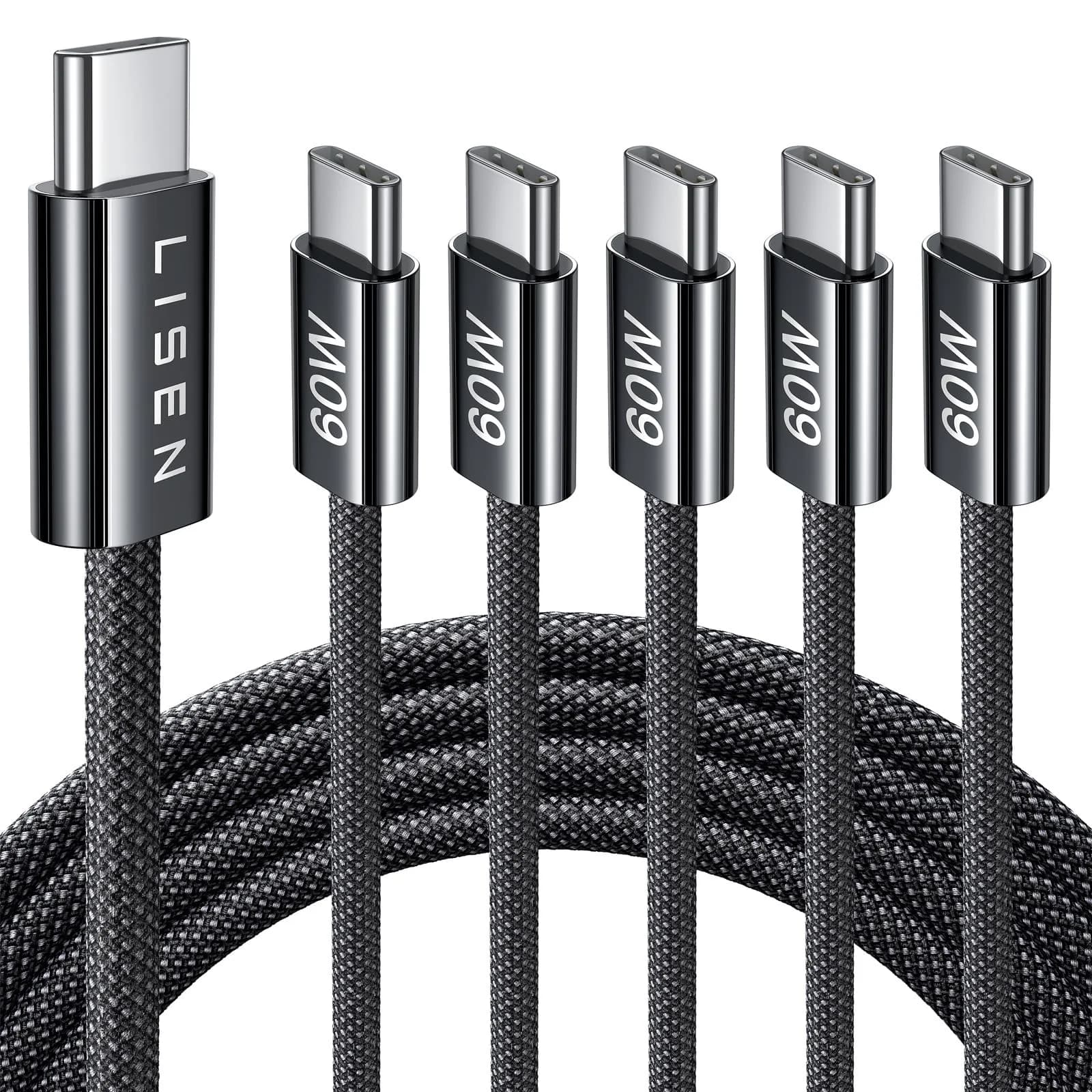 LISEN USB C Cable 5-Pack 3.3/6.6/10FT | Fast 60W Charging & Recyclable Cotton Braiding — Black