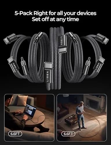 LISEN USB C Cable 5-Pack [6.6FT] | Fast 60W Charging & Recyclable Cotton Braided Cord thumbnail 7