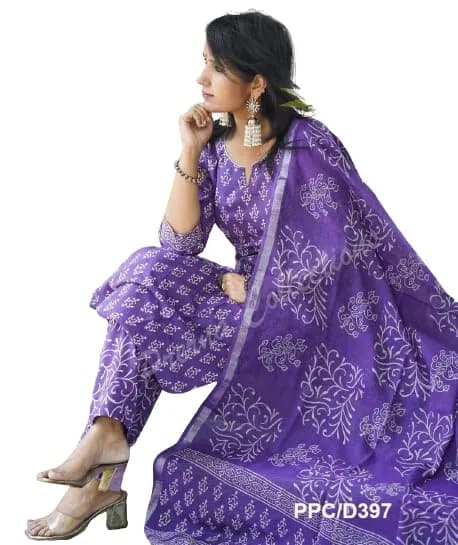 Meera Fab Women's Cotton Printed Straight Kurta With Palazzo & Dupatta Set Small Purple 3/4 Sleeve thumbnail 5