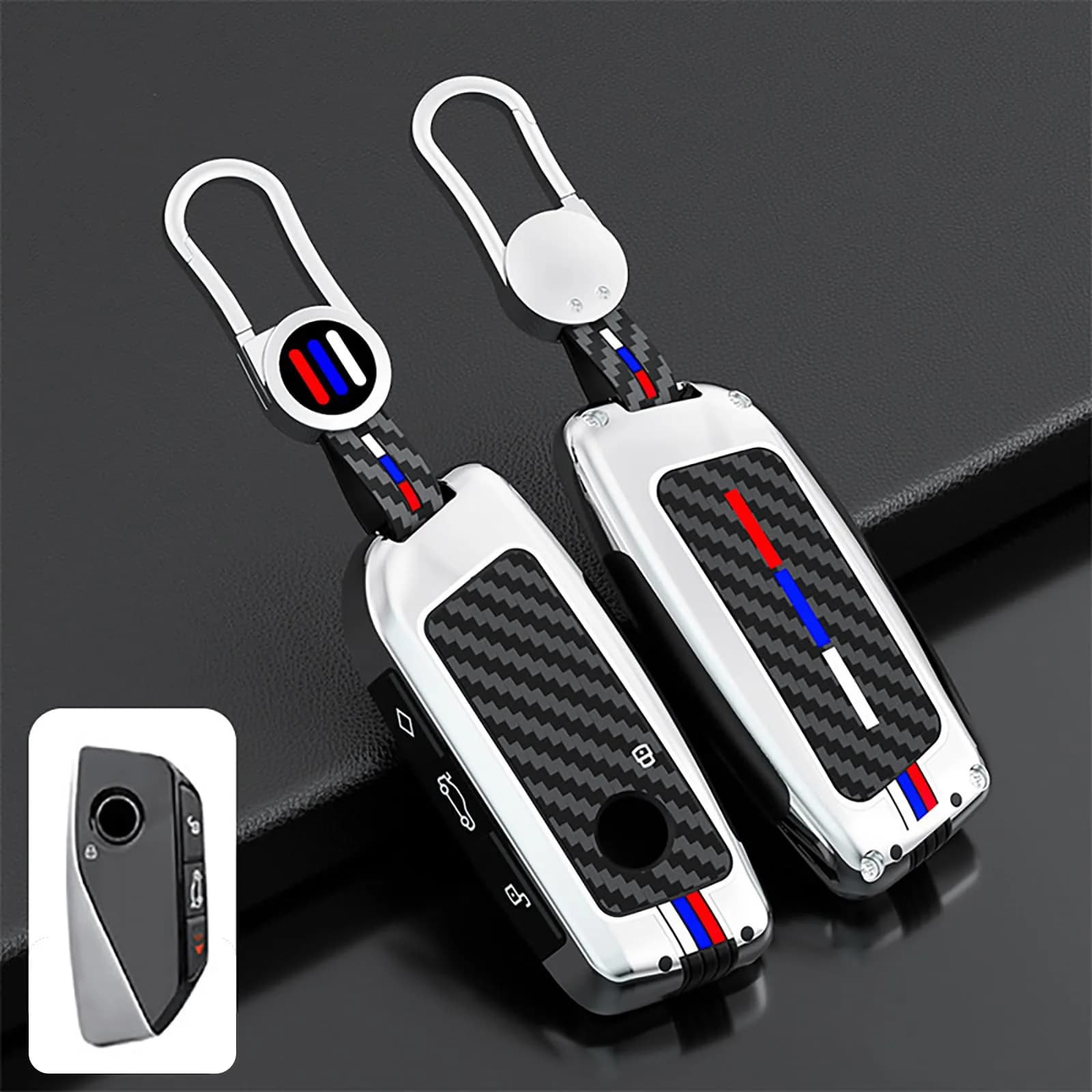 OLLEN Bright Silver Carbon Fiber Pattern Metal Key Fob Cover for BMW 2023-2026 Models, 15.0 cm (5.9 inches) thumbnail 1