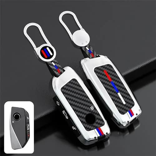 OLLEN Bright Silver Carbon Fiber Pattern Metal Key Fob Cover for BMW 2023-2026 Models, 15.0 cm (5.9 inches) thumbnail 1