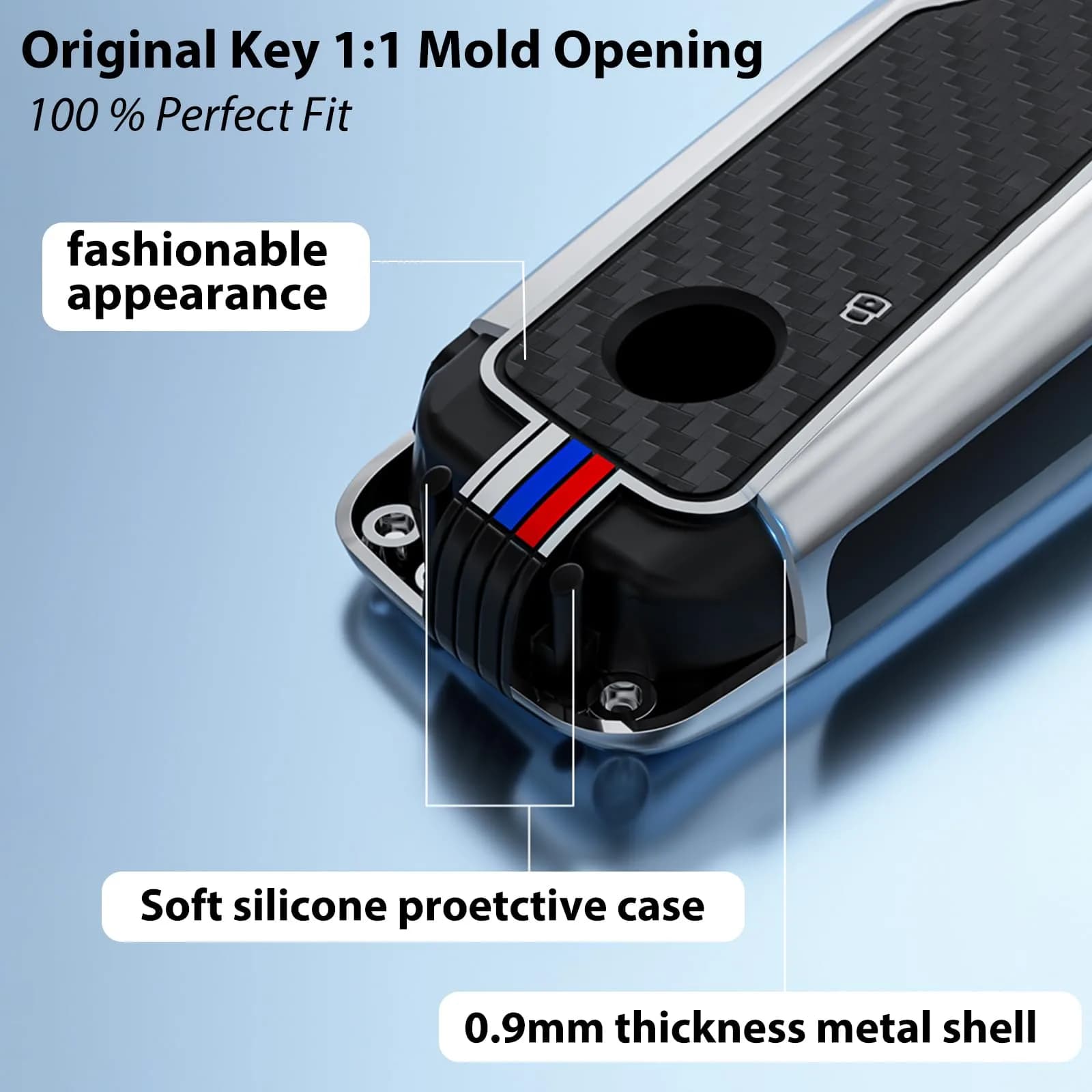 OLLEN Bright Silver Carbon Fiber Pattern Metal Key Fob Cover for BMW 2023-2026 Models, 15.0 cm (5.9 inches) thumbnail 6