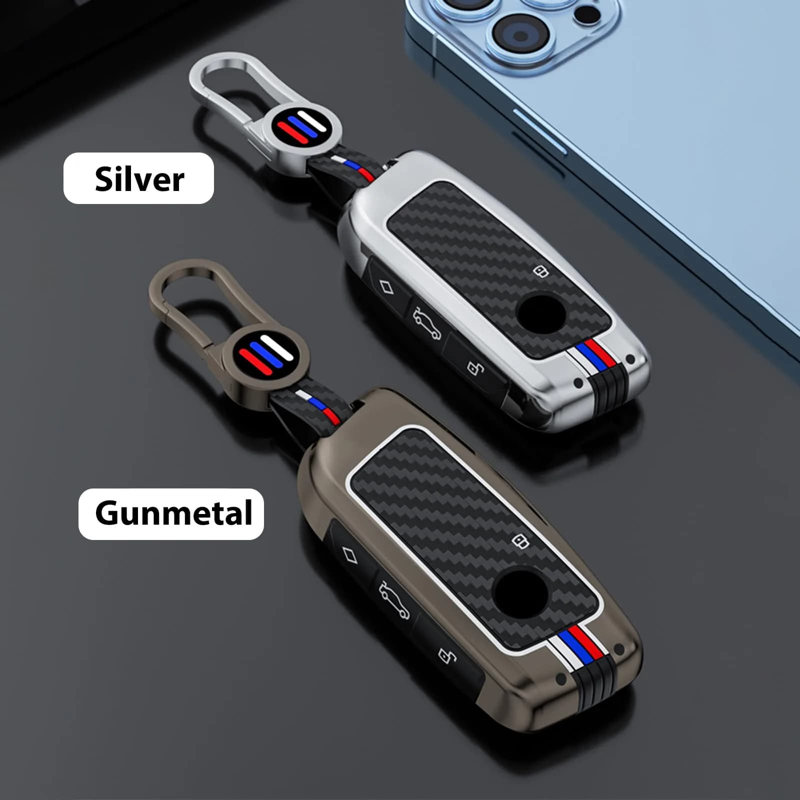 OLLEN Bright Silver Carbon Fiber Pattern Metal Key Fob Cover for BMW 2023-2026 Models, 15.0 cm (5.9 inches) thumbnail 3