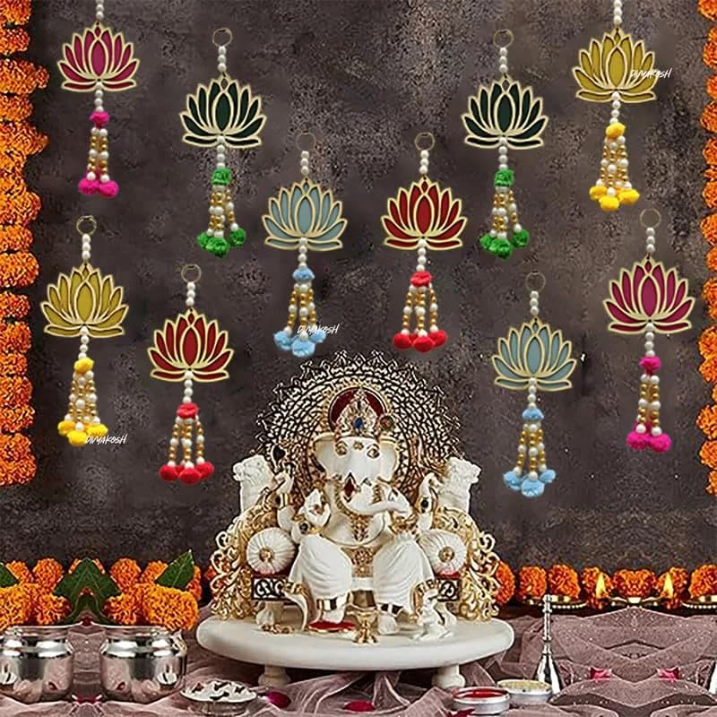 Divyakosh Handmade Lotus Wall Hangings Pack of 10 | Pom Pom Style, 7 Inch, Multicolor for Ganpati & Diwali Decor thumbnail 1