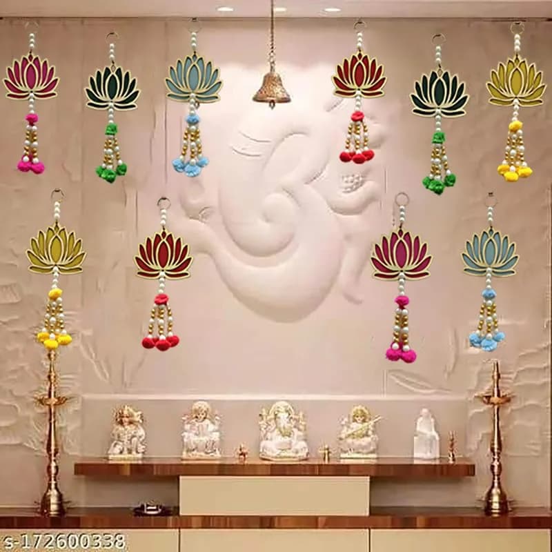 Divyakosh Handmade Lotus Wall Hangings Pack of 10 | Pom Pom Style, 7 Inch, Multicolor for Ganpati & Diwali Decor thumbnail 4