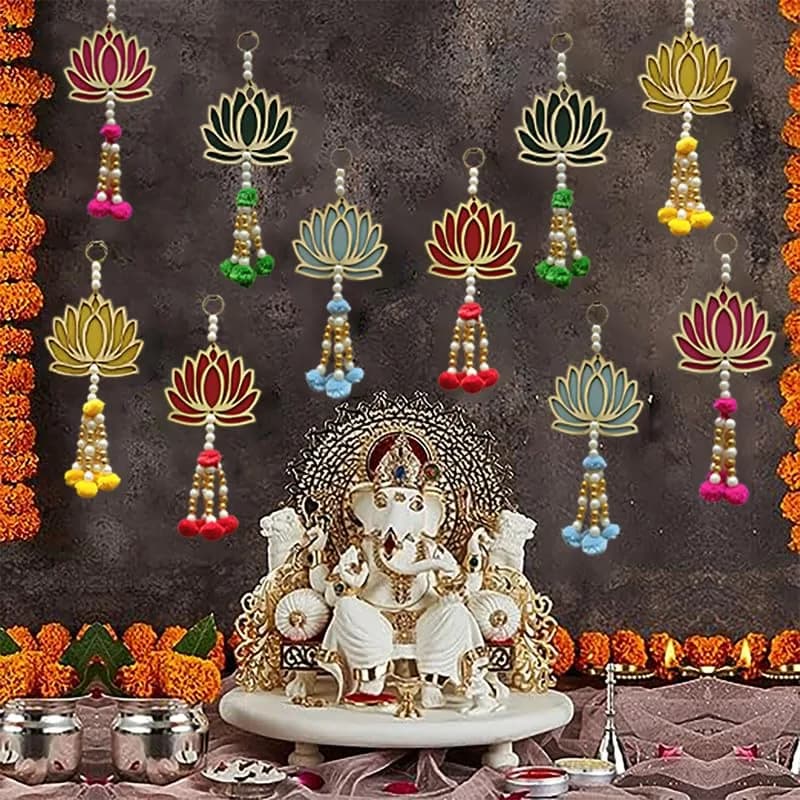 Divyakosh Handmade Lotus Wall Hangings Pack of 10 | Pom Pom Style, 7 Inch, Multicolor for Ganpati & Diwali Decor thumbnail 6