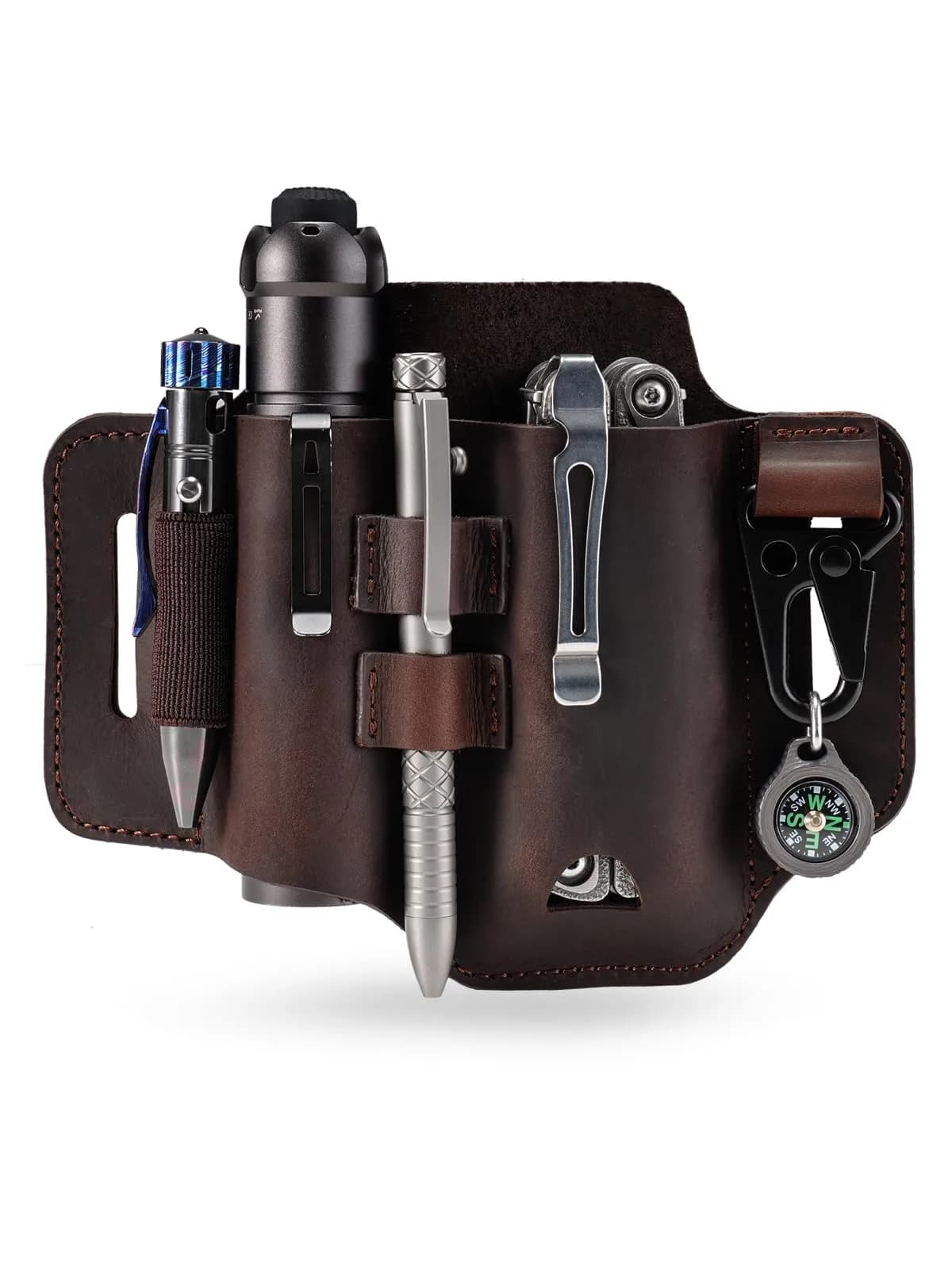 sayram ST2 Leather Multitool Sheath with Keychain Clip | Dark Brown EDC Belt Organizer for Leatherman Tools, Flashlight, Pen (7.3 x 5.35 inches)