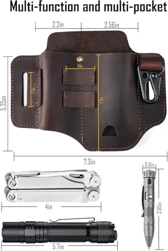 sayram ST2 Leather Multitool Sheath with Keychain Clip | Dark Brown EDC Belt Organizer for Leatherman Tools, Flashlight, Pen (7.3 x 5.35 inches) thumbnail 4