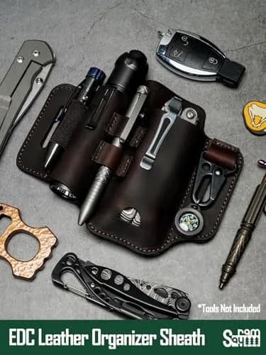 sayram ST2 Leather Multitool Sheath with Keychain Clip | Dark Brown EDC Belt Organizer for Leatherman Tools, Flashlight, Pen (7.3 x 5.35 inches) thumbnail 2
