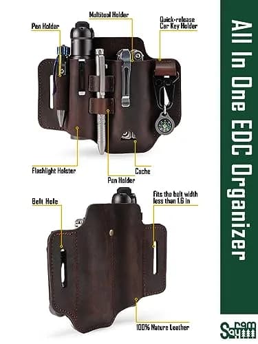 sayram ST2 Leather Multitool Sheath with Keychain Clip | Dark Brown EDC Belt Organizer for Leatherman Tools, Flashlight, Pen (7.3 x 5.35 inches) thumbnail 3