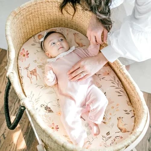 GRSSDER Stretchy Ultra Soft Fitted Bassinet Sheet Set 2 Pack, Universal Fit for Bassinets Baby Cradle Moses Basket Oval Rectangle Mattress Safe and Snug, 32" x 16" x 5" (2-Pack, Blush Pink Floral & Animals) thumbnail 6