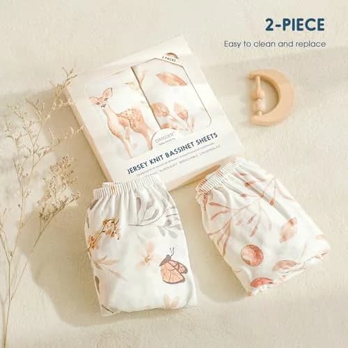 GRSSDER Stretchy Ultra Soft Fitted Bassinet Sheet Set 2 Pack, Universal Fit for Bassinets Baby Cradle Moses Basket Oval Rectangle Mattress Safe and Snug, 32" x 16" x 5" (2-Pack, Blush Pink Floral & Animals) thumbnail 7
