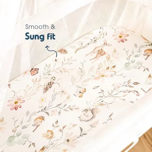 GRSSDER Stretchy Ultra Soft Fitted Bassinet Sheet Set 2 Pack, Universal Fit for Bassinets Baby Cradle Moses Basket Oval Rectangle Mattress Safe and Snug, 32" x 16" x 5" (2-Pack, Blush Pink Floral & Animals) thumbnail 3