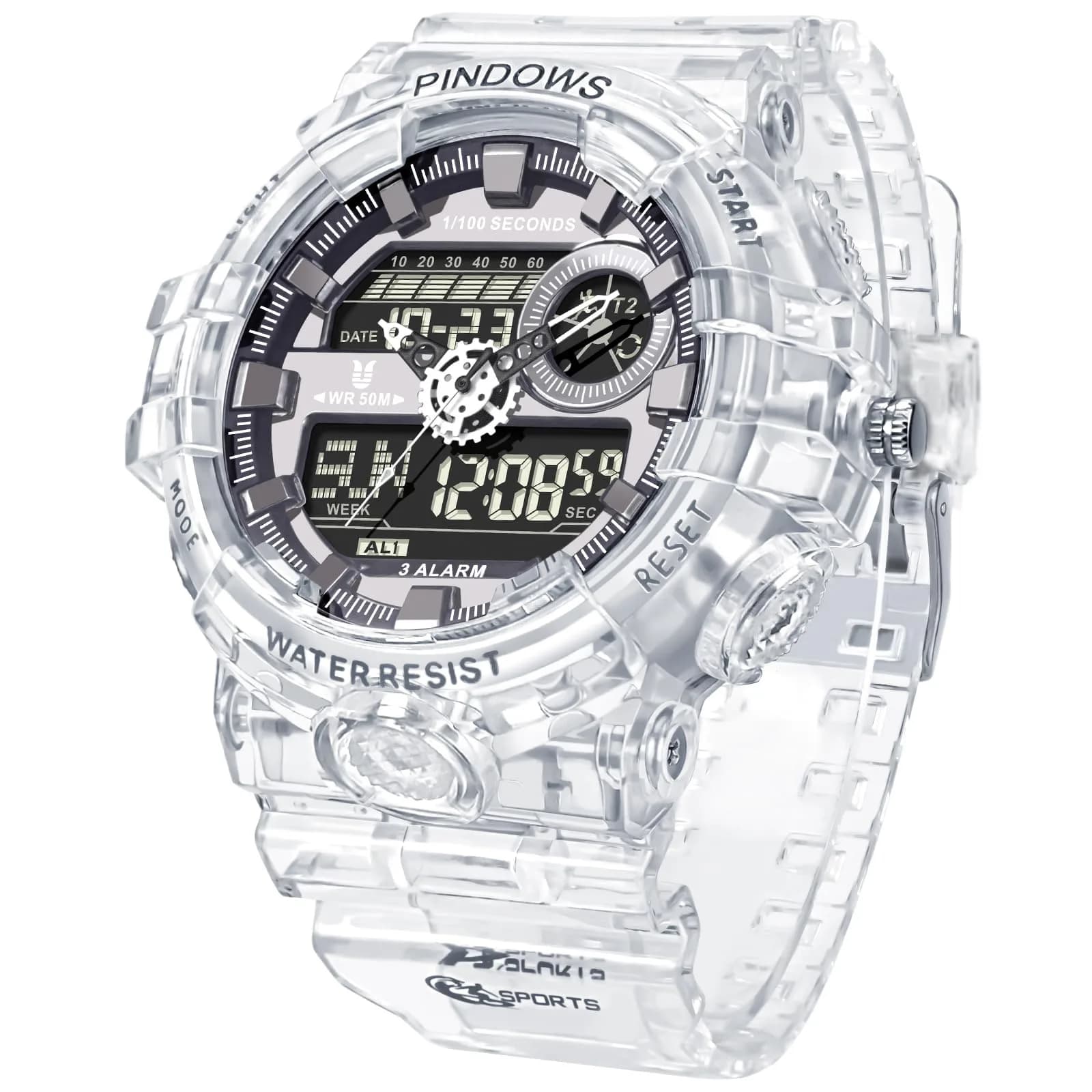 PINDOWS PDS-603 Men's Analog-Digital Watch 53mm (1.89in) | Full-Case LED Backlight Tactical Sports Watch — White