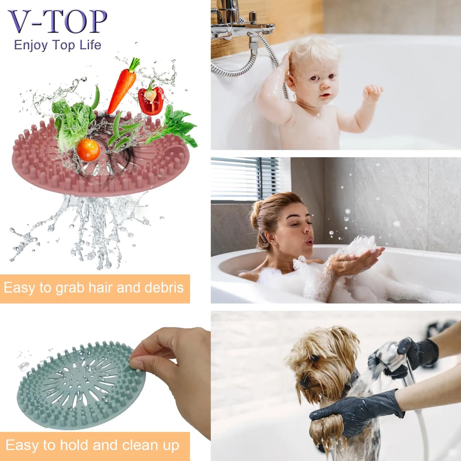 V-TOP Shower Drain Hair Catcher & Tub Stopper 4 Pack | Silicone Bathtub Drain Plug for Bathroom, Kitchen, Laundry - view 6